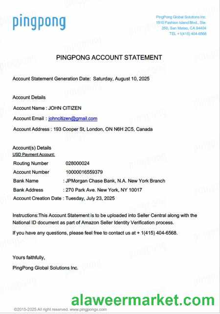 USA California PingPong Global Solutions Inc account statement Word and PDF template